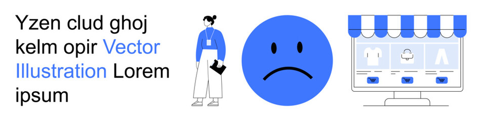 Fototapeta premium E-commerce, online shopping, retail challenges, customer dissatisfaction, digital marketing, user experience. Sad face, storefront graphic person holding documents. E-commerce and retail challenges