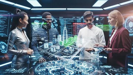 Team of diverse professionals collaborating on a futuristic technology project in a high-tech laboratory environment from a slightly elevated viewpoint