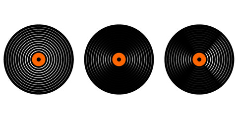 Set of vinyl records. LP or long play music plates for gramophone isolated on white background. DJ discs for techno party. 70s 80s 90s discotheque nostalgia concept. Vector flat illustration.