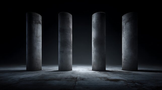 Four concrete columns on a textured surface in a dark, moody environment - Powered by Adobe
