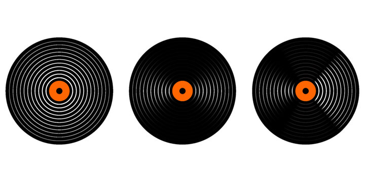 Set of vinyl records. LP or long play music plates for gramophone isolated on white background. DJ discs for techno party. 70s 80s 90s discotheque nostalgia concept. Vector flat illustration.