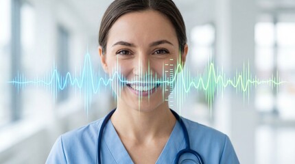 A smiling female healthcare professional is depicted with an overlay of vibrant electrocardiogram waveforms across her face symbolizing modern medical technology