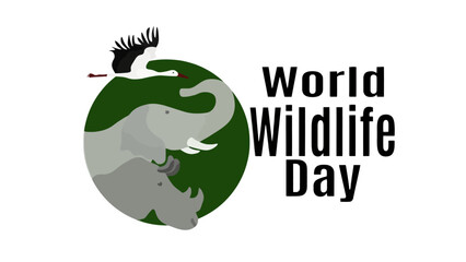 World Wildlife Day Illustration with Elephant Rhino and Stork Silhouettes for Animal Conservation Awareness © aiman