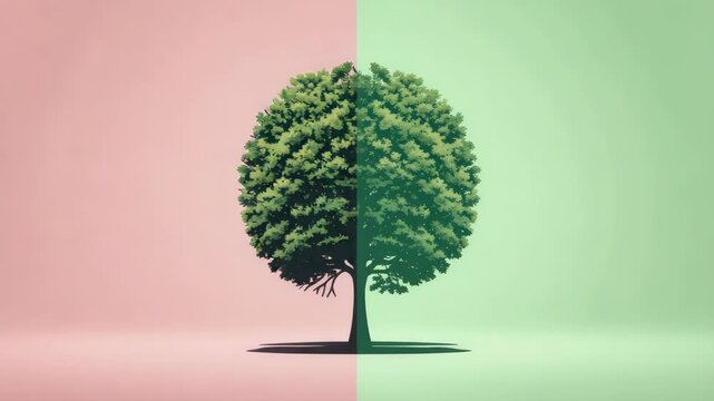 Half leafless tree branch meets lush green foliage split pastel scene expressing seasonal contrast
