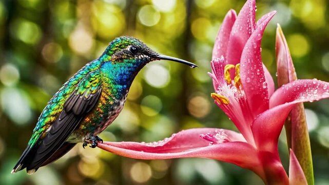 Ultra slow motion capture of a tiny iridescent green hummingbird hovering perfectly still while sipping sweet nectar from a bright pink tropical flower biology, avian, precision