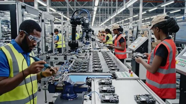 Workers in safety vests inspecting electronic components on a production line in a modern factory setting