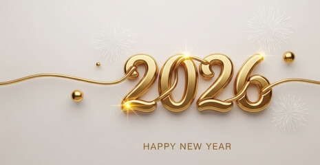 2026 Happy New Year greeting card template with luxury golden numbers. Realistic confetti and warm congratulations