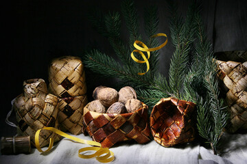 Still life with birch bark wickerwork