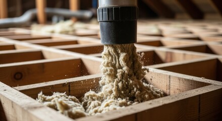 DIY blower hose tip closeup as it deposits ecofriendly insulation substrate between attic floor joists enhancing building energy conservation.