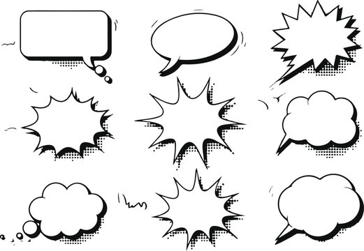Set of comic speech bubbles with halftone shadows on transparent background