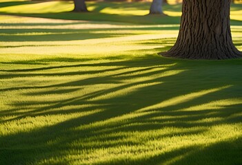Warm afternoon sunlight creates dramatic long shadows over a lush green meadow with large tree trunks