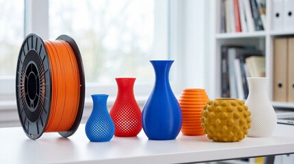 a modern workspace displays several 3d printed vases in vibrant colors alongside a spool of orange filament showcasing additive manufacturing