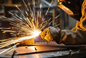 skilled worker wearing protective gear performs precision welding on steel, creating brilliant golden sparks.