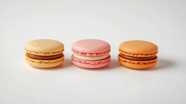 Pastel macaron cookie dessert trio with creamy filling, delicate sweet bite sized pastry