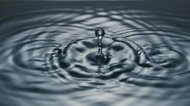 Macro close up of two simultaneous water drops impacting a smooth dark surface creating mesmerizing concentric circular ripples expanding outwards in a tranquil environment
