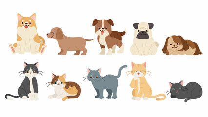 Cute cartoon dogs and cats character set in a flat illustration style