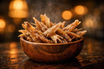 Dried Strips Of Fish Snack Served In A Wooden Bowl