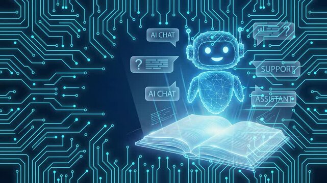 Futuristic AI Chatbot Assistant Emerge from Open Book on Digital Background, Artificial Intelligence and Customer Support. Video