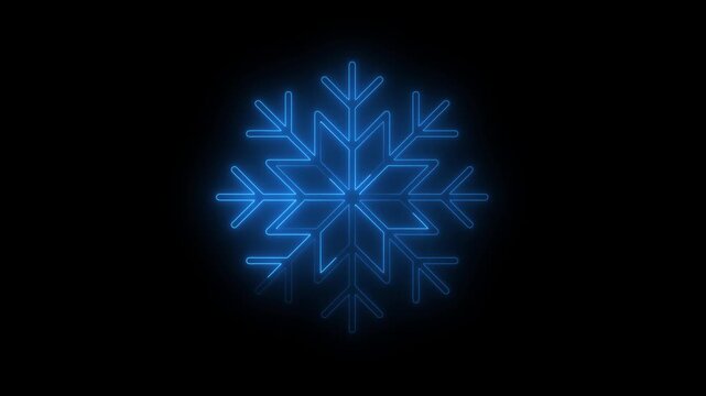 Glowing neon line snowflake animation. Abstract neon blue glowing winter holiday element animated on black background. 4k video