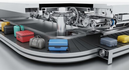 Crosssectional view of mechanical carousel fitout illustrating how luggage is conveyed and rotated within an airport baggage system.