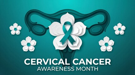 A symbolic illustration depicting a stylized uterus adorned with white flowers and a teal ribbon raising awareness for cervical cancer month