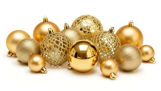 Beautiful composition with golden Christmas balls on white background.png cinematic lighting with rich color contrast, refined texture, balanced compo