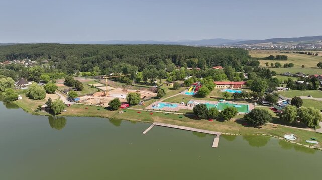 Aerial view of Kurinec zelena voda swimming pool in Rimavska Sobota district in Slovakia
