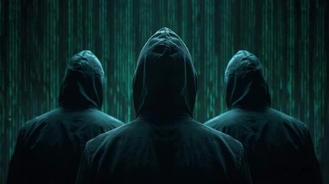 Three hacker figure hooded cyber security binary background silhouette mystery technology Three