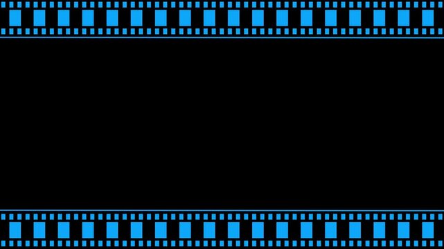 Abstract film strip frame for video or photo content animation. Blue color moving film strip animation with classic camera roll on cinematic on black background. 4k video