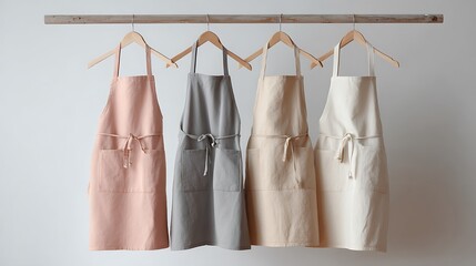 Four colorful aprons hanging on a wooden rod against a white background