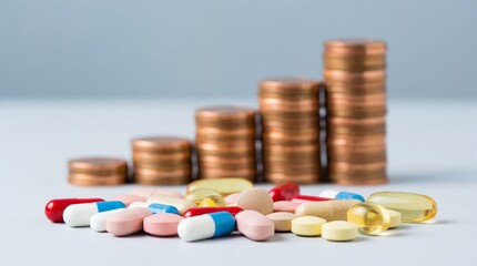 A visual representation depicting stacks of coins alongside an assortment of colorful pharmaceutical pills and capsules symbolizing healthcare costs high quality