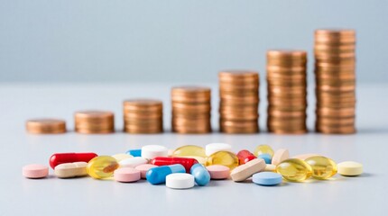 A visual representation shows various pills scattered around stacks of coins symbolizing the rising costs associated with healthcare and medication accessibility