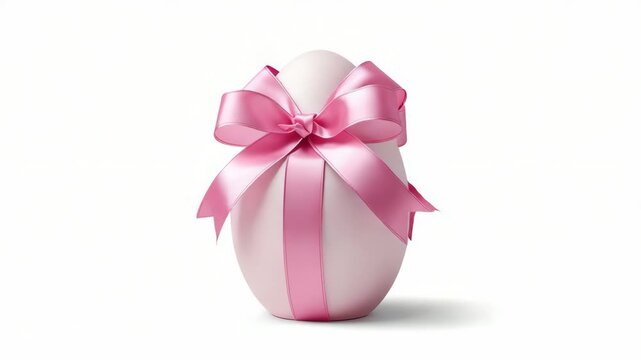 Pink ribbon egg with satin bow pastel gift presentation wrapped white egg soft shadow elegant ribbon