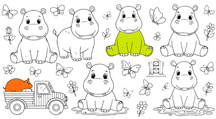 Obraz premium Cute Hippopotamus ColorBook style Set for Kids – Kawaii Cartoon Hippo with Farm Truck, Butterfly and Flowers Vector Illustration