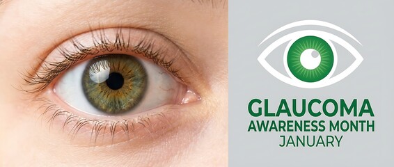 A close up of a human eye with a green iris is paired with a graphic representing glaucoma awareness month in january