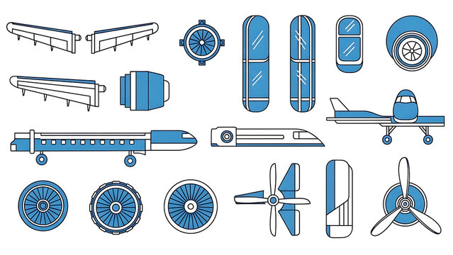 Dynamic Collection of Transportation Elements and Vehicle Components, Showcasing Airplane Wings, Jet Engines, Train Carriages, and Propellers in a Detailed Outline Illustration Style