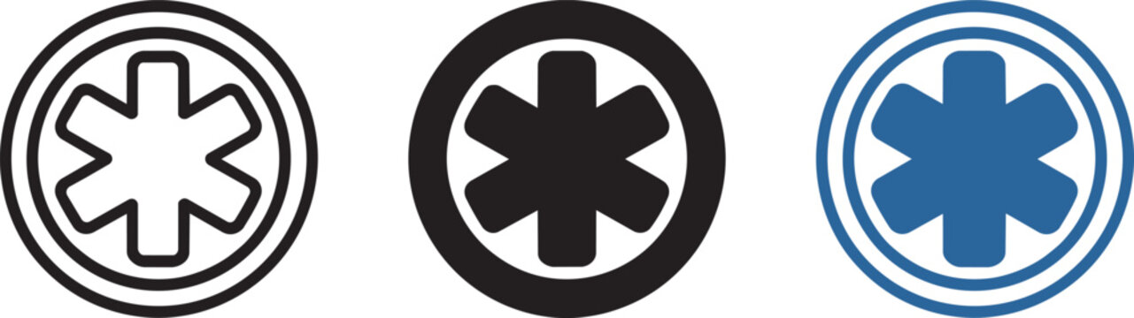 Star of life medical icon for emergency services and first aid in multiple styles