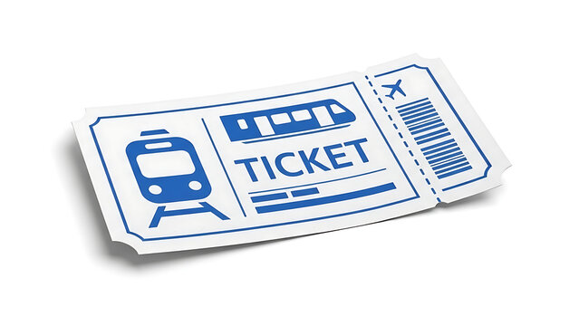 Train ticket illustration with a blue train graphic and the word ticket