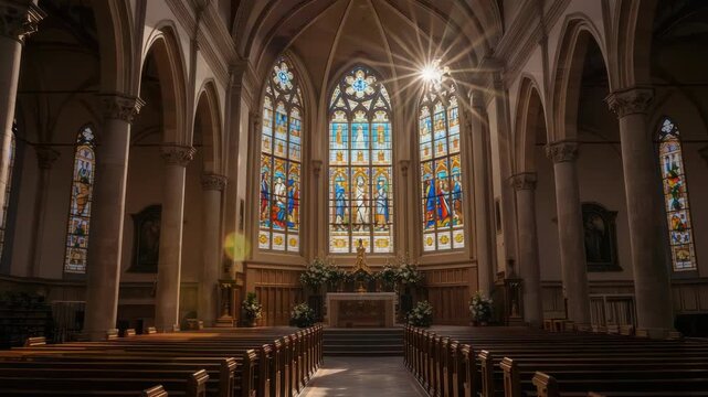 Sunlit stained glass altar gothic architecture church interior with wooden pew and stained glass