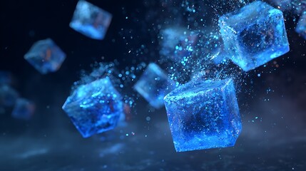 Glowing blue ice cubes floating and shattering in an abstract, smoky environment