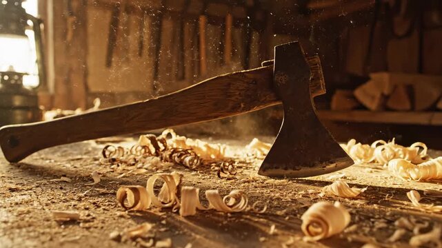 Warm ambient light softly illuminates an antique felling axe and scattered wood shavings on a cozy, dust-covered wooden workbench in a traditional interior do-it-yourself, peaceful, traditional