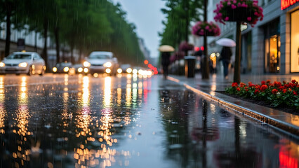 Rainy Night on a City Street with Blurred Car Lights and Reflections