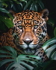 Close-up portrait of jaguar staring through lush jungle leaves. AI-generated.