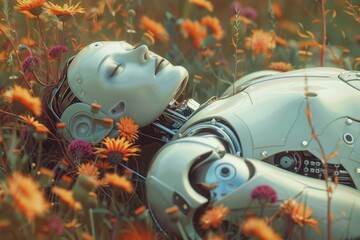 Humanoid robot lying peacefully among colorful wildflowers. AI-generated.