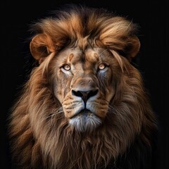 Studio portrait of male lion with powerful mane on dark background. AI-generated.