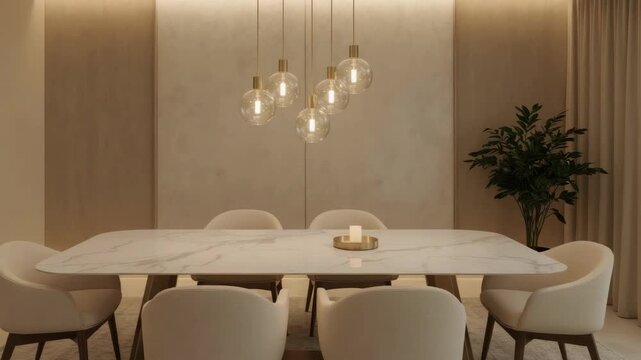 Elegant marble dining table with six upholstered chair pendant light warm lighting minimalist