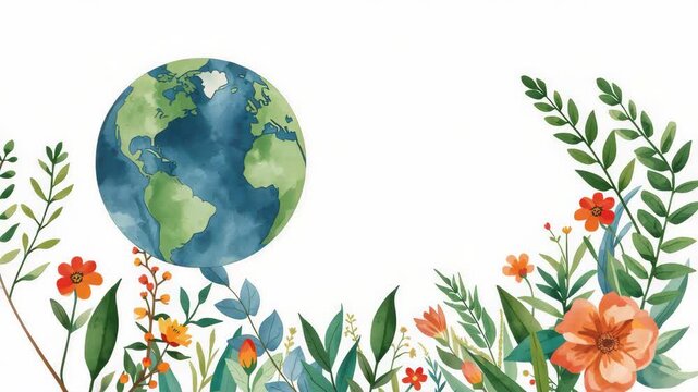 Watercolor globe above wildflower border with earth leaf flower watercolor leaves and orange