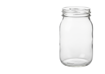 Pristine empty glass mason jar with screw threads, isolated on a transparent studio background with copy space and soft high-key light, symbolizing new beginnings