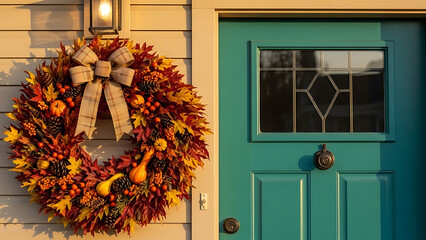 Colorful Autumn Wreath on White Siding Next to Teal Door
