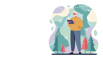 Senior man uses a tablet for winter holiday communication against a festive background with Christmas trees